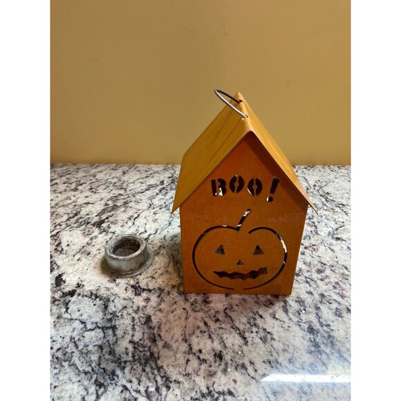 Metal ‘BOO!’ Pumpkin Lantern Candle Holder Rustic Halloween Table Décor - Picture 2 of 7